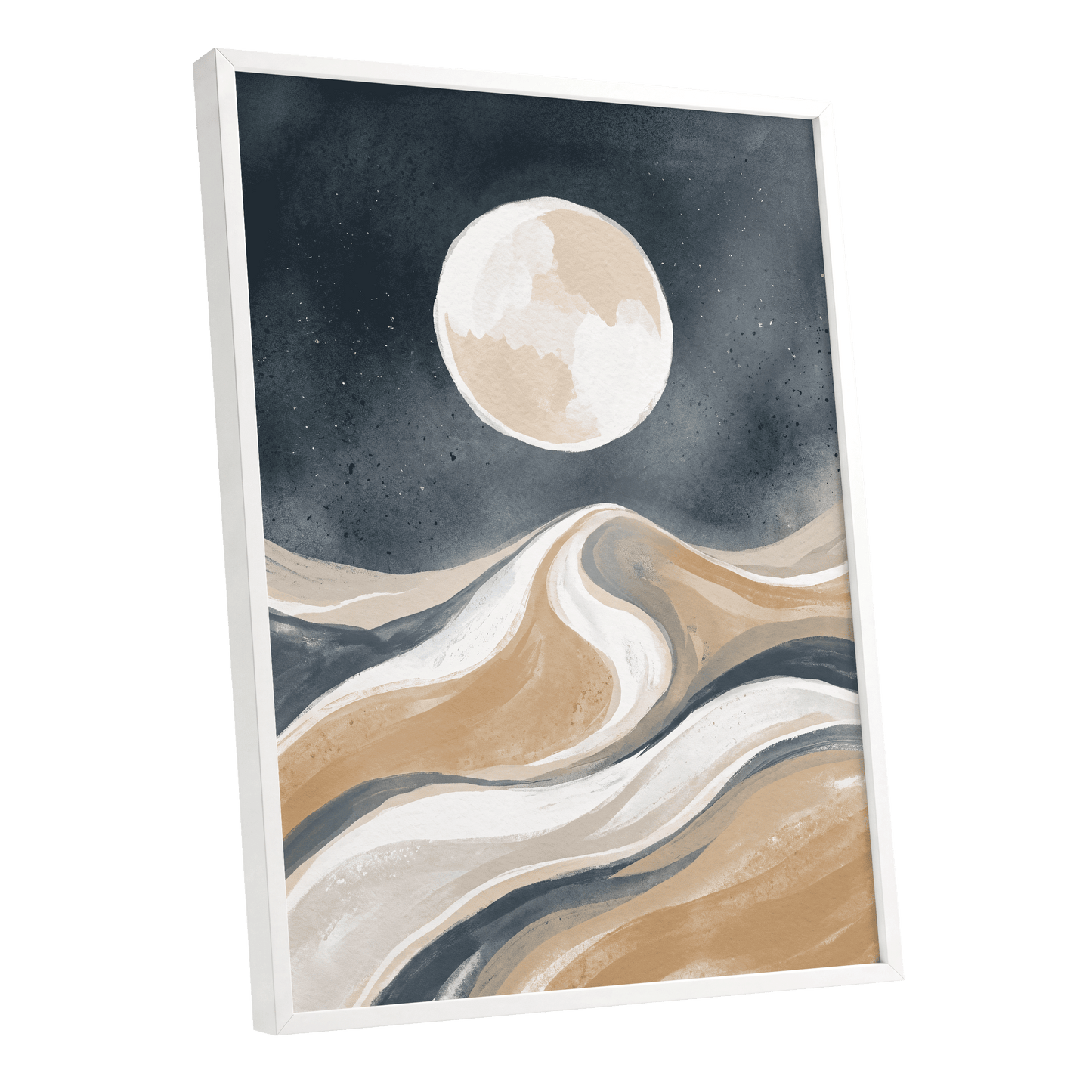 Moonlit Tides, blue, beige, white nature wall art shown as a white framed poster wall art print