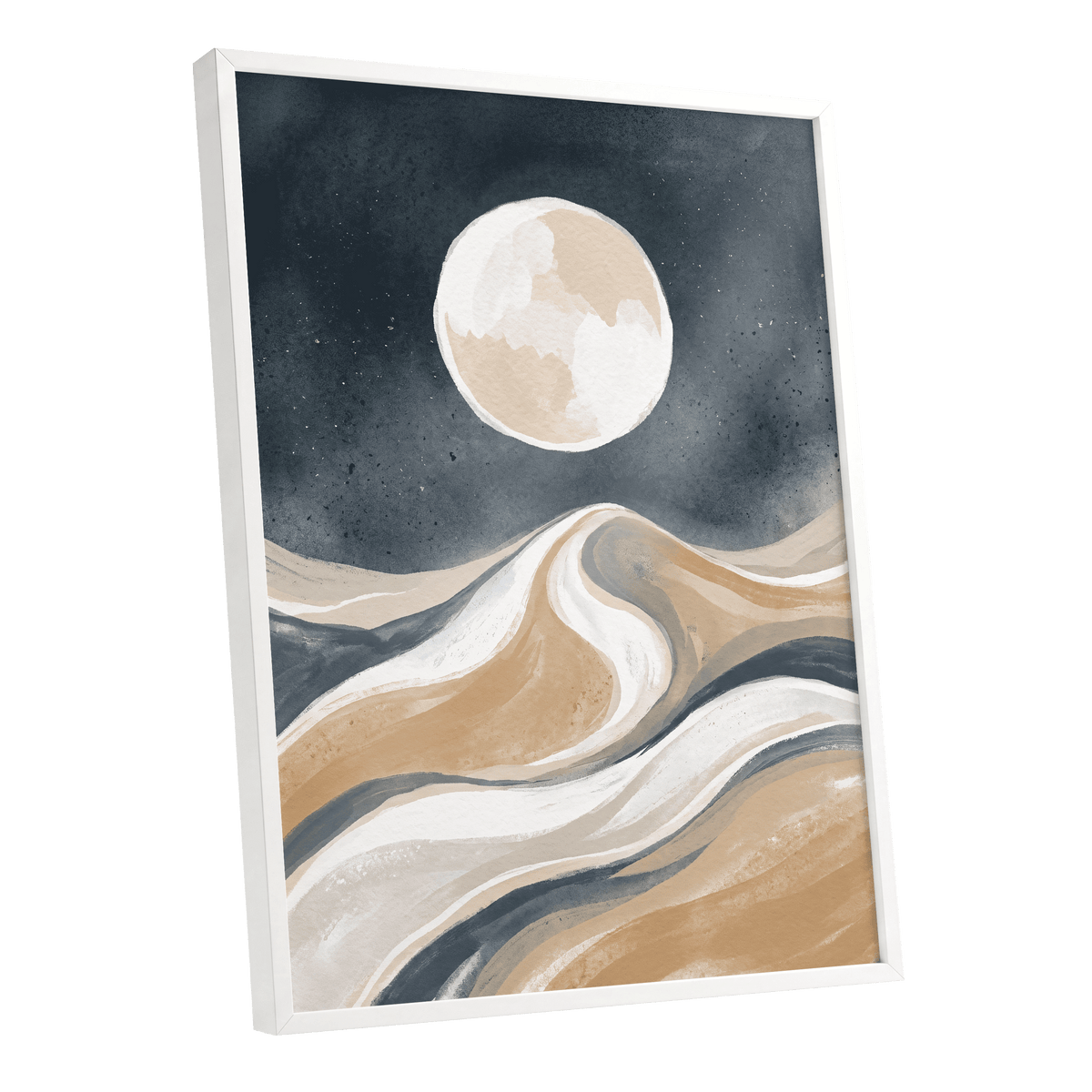 Moonlit Tides, blue, beige, white nature wall art shown as a white framed poster wall art print