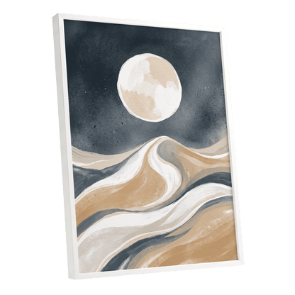 Moonlit Tides, blue, beige, white nature wall art shown as a white framed poster wall art print