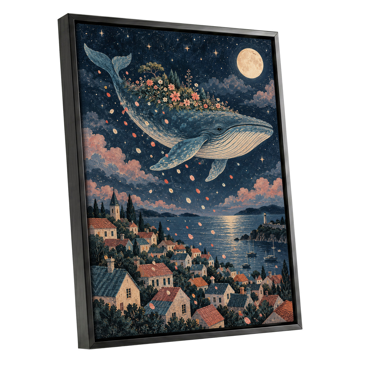 Moonlit Whale Garden, blue, beige, pink nature wall art shown as a black framed canvas wall art