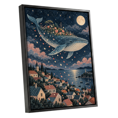 Moonlit Whale Garden, blue, beige, pink nature wall art shown as a black framed canvas wall art
