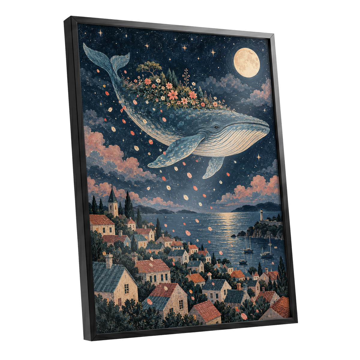 Moonlit Whale Garden, blue, beige, pink nature wall art shown as a black framed poster wall art print
