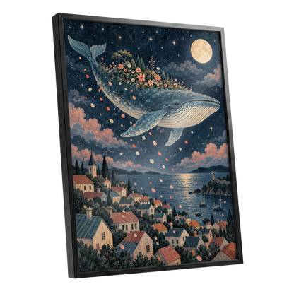 Moonlit Whale Garden, blue, beige, pink nature wall art shown as a black framed poster wall art print