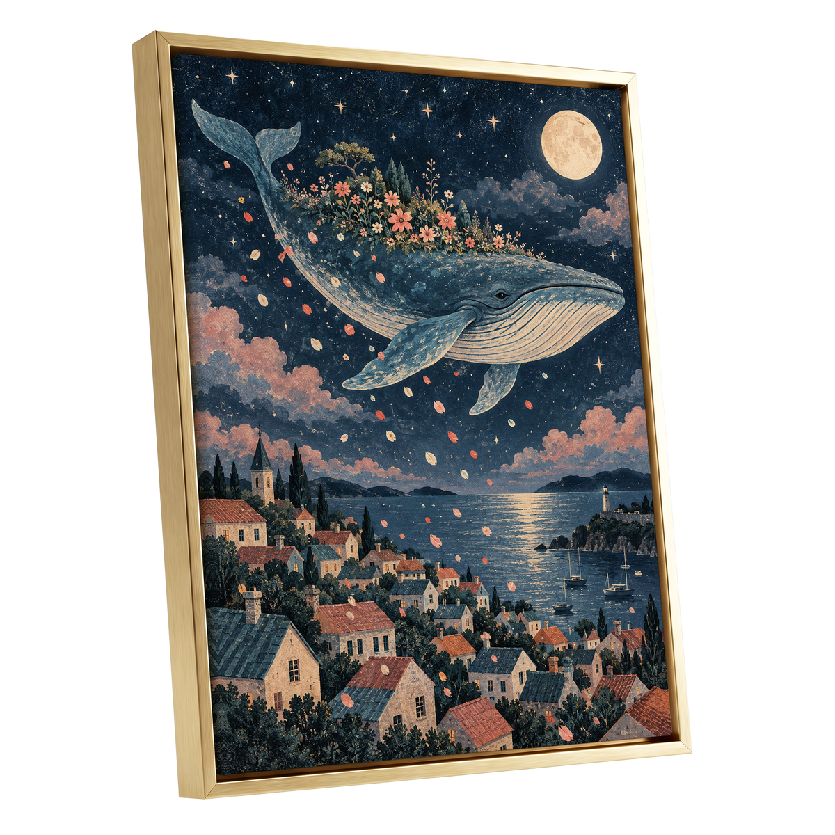 Moonlit Whale Garden, blue, beige, pink nature wall art shown as a gold framed canvas wall art