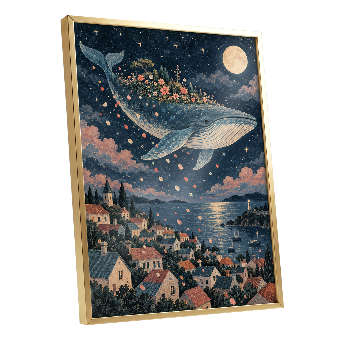 Moonlit Whale Garden, blue, beige, pink nature wall art shown as a gold framed poster wall art print