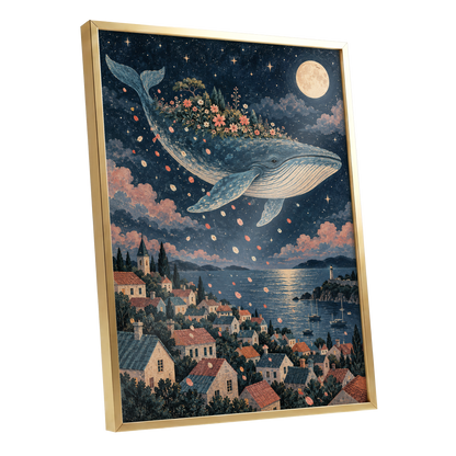 Moonlit Whale Garden, blue, beige, pink nature wall art shown as a gold framed poster wall art print