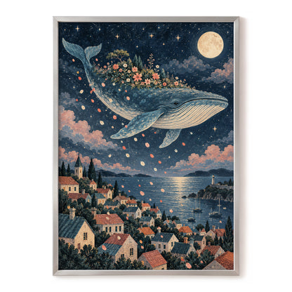 Moonlit Whale Garden, blue, beige, pink nature wall art, front artwork view
