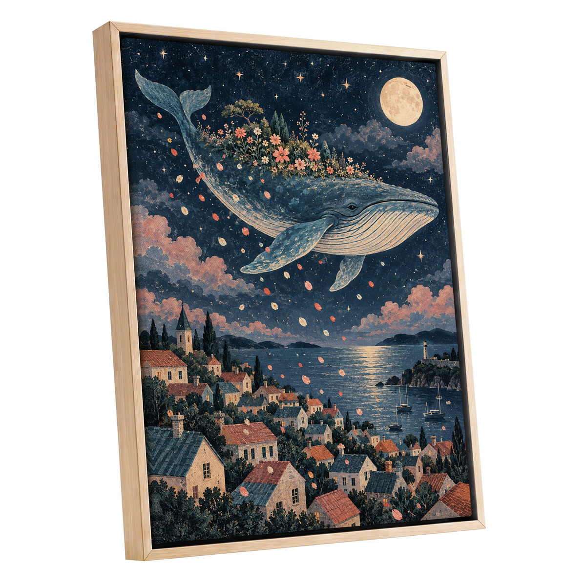 Moonlit Whale Garden, blue, beige, pink nature wall art shown as a oak framed canvas wall art