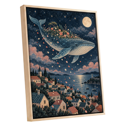 Moonlit Whale Garden, blue, beige, pink nature wall art shown as a oak framed canvas wall art
