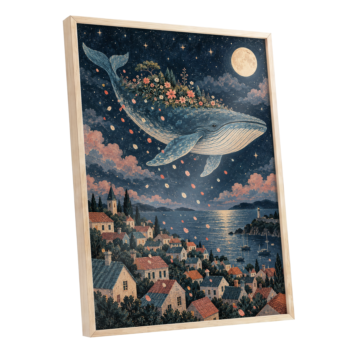 Moonlit Whale Garden, blue, beige, pink nature wall art shown as a oak framed poster wall art print
