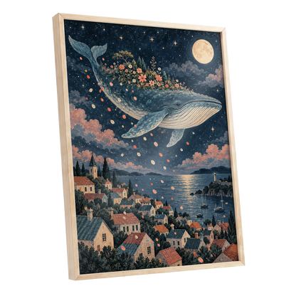 Moonlit Whale Garden, blue, beige, pink nature wall art shown as a oak framed poster wall art print