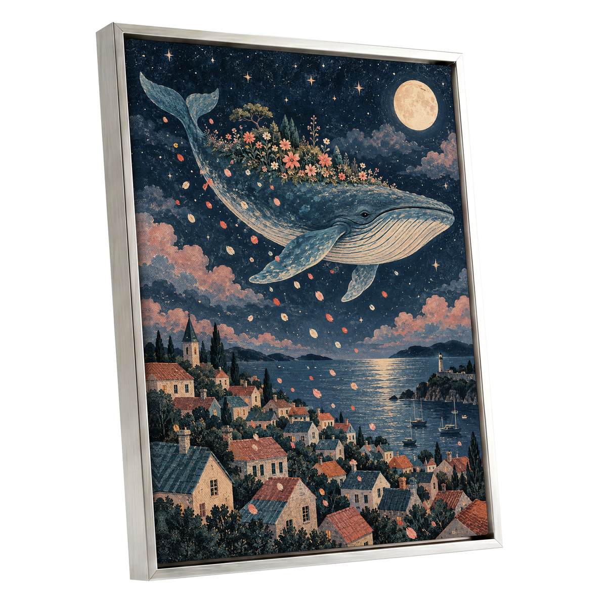 Moonlit Whale Garden, blue, beige, pink nature wall art shown as a silver framed canvas wall art