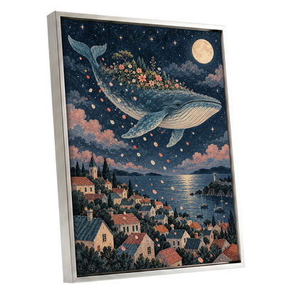 Moonlit Whale Garden, blue, beige, pink nature wall art shown as a silver framed canvas wall art