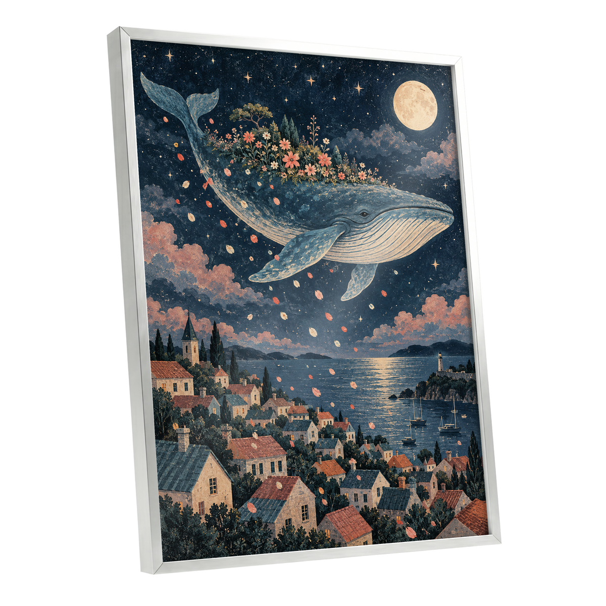 Moonlit Whale Garden, blue, beige, pink nature wall art shown as a silver framed poster wall art print