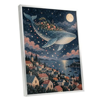 Moonlit Whale Garden, blue, beige, pink nature wall art shown as a silver framed poster wall art print