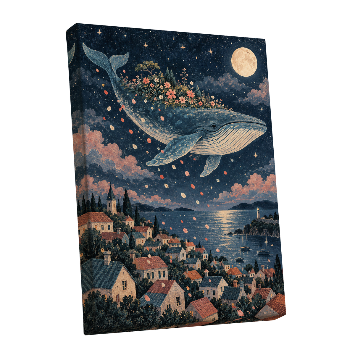 Moonlit Whale Garden, blue, beige, pink nature wall art shown as a stretched canvas wall art