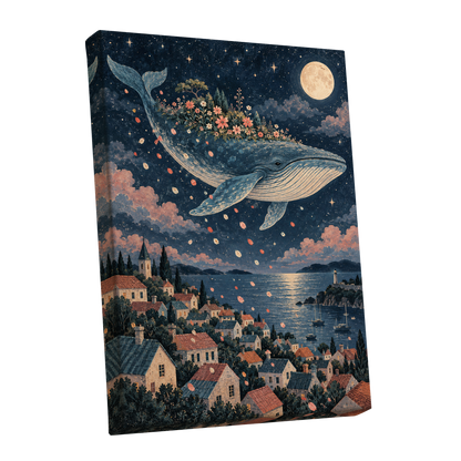 Moonlit Whale Garden, blue, beige, pink nature wall art shown as a stretched canvas wall art