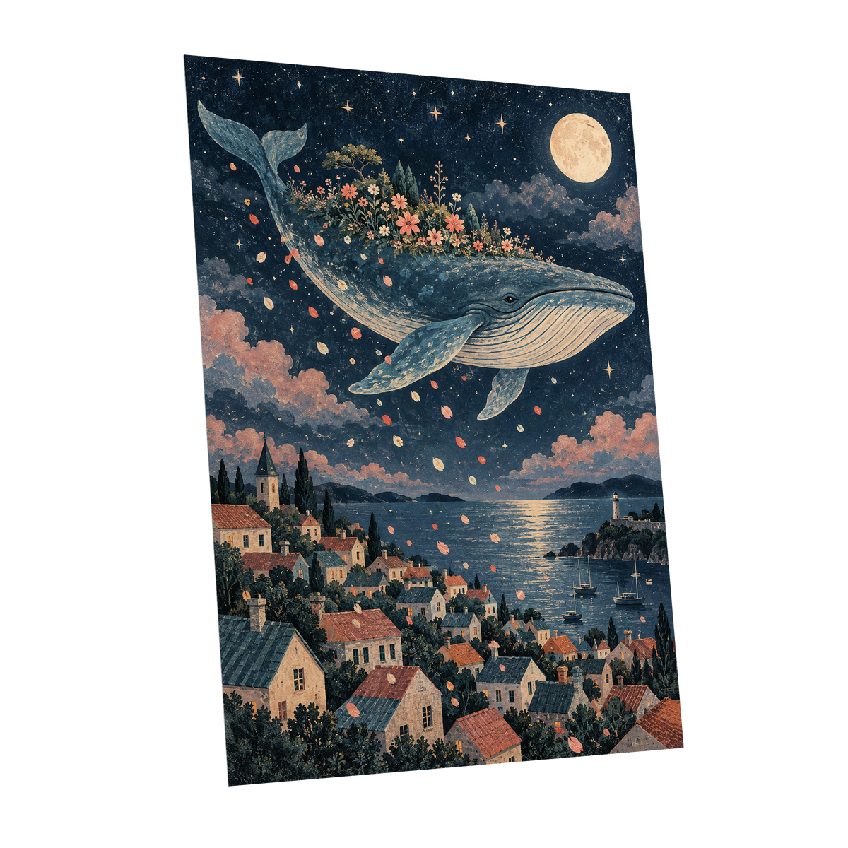 Moonlit Whale Garden, blue, beige, pink nature wall art shown as a unframed poster wall art print