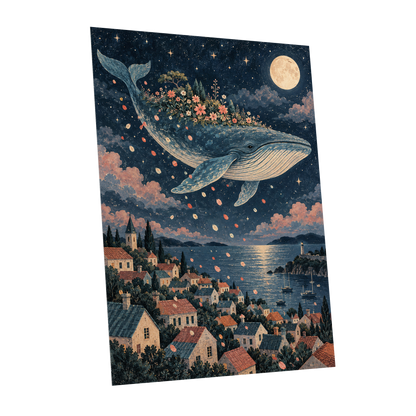 Moonlit Whale Garden, blue, beige, pink nature wall art shown as a unframed poster wall art print