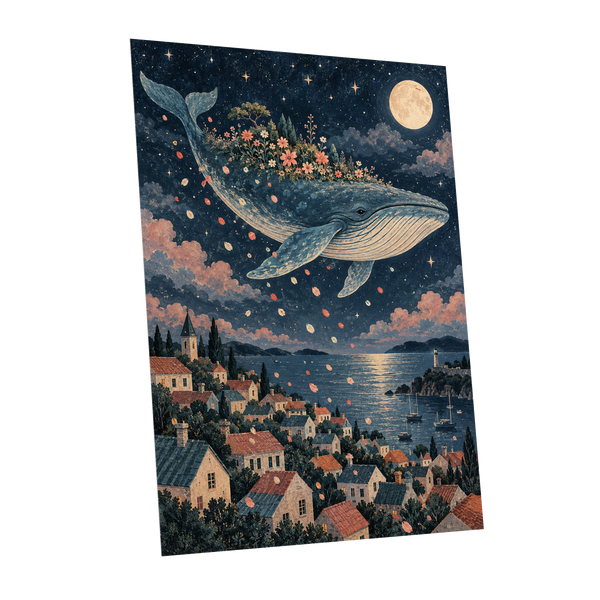 Moonlit Whale Garden, blue, beige, pink nature wall art shown as a unframed poster wall art print