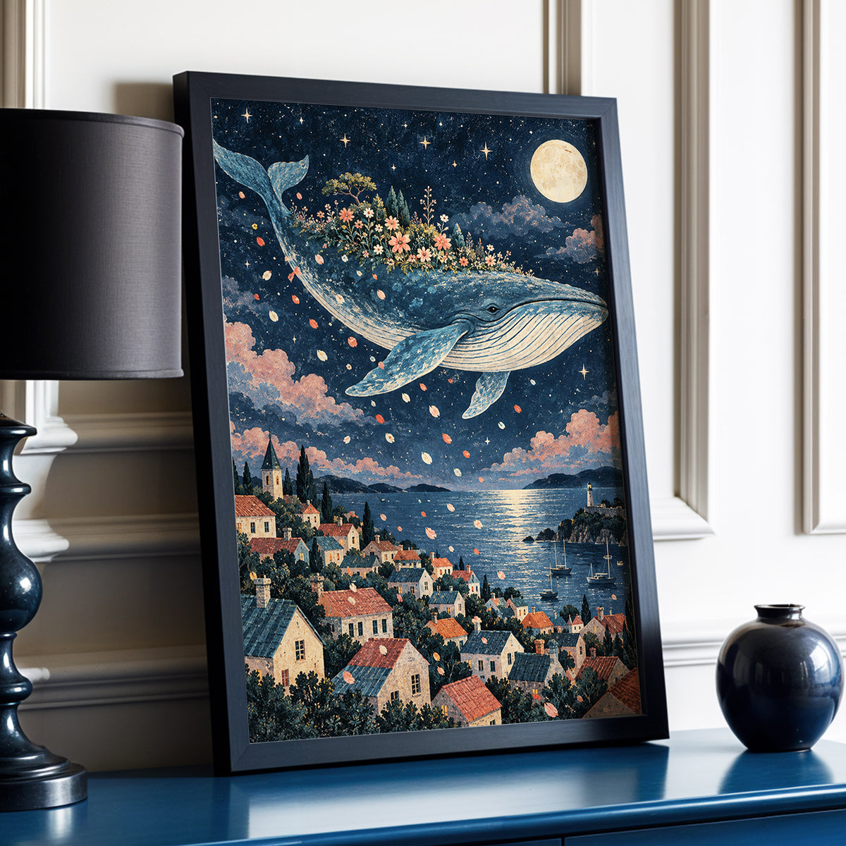 Moonlit Whale Garden, blue, beige, pink nature wall art displayed in a styled interior, gallery view 2