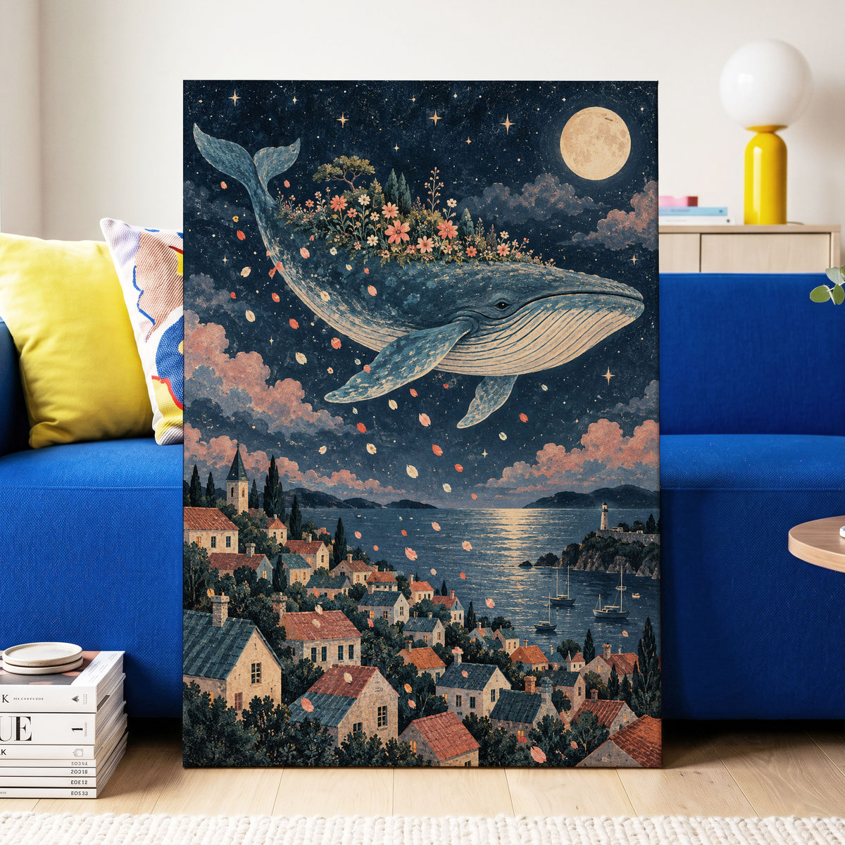 Moonlit Whale Garden, blue, beige, pink nature wall art displayed in a styled interior, gallery view 3