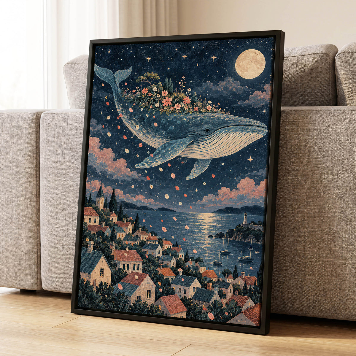 Moonlit Whale Garden, blue, beige, pink nature wall art displayed in a styled interior, gallery view 4