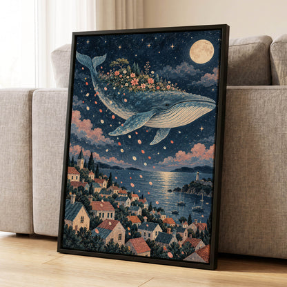 Moonlit Whale Garden, blue, beige, pink nature wall art displayed in a styled interior, gallery view 4