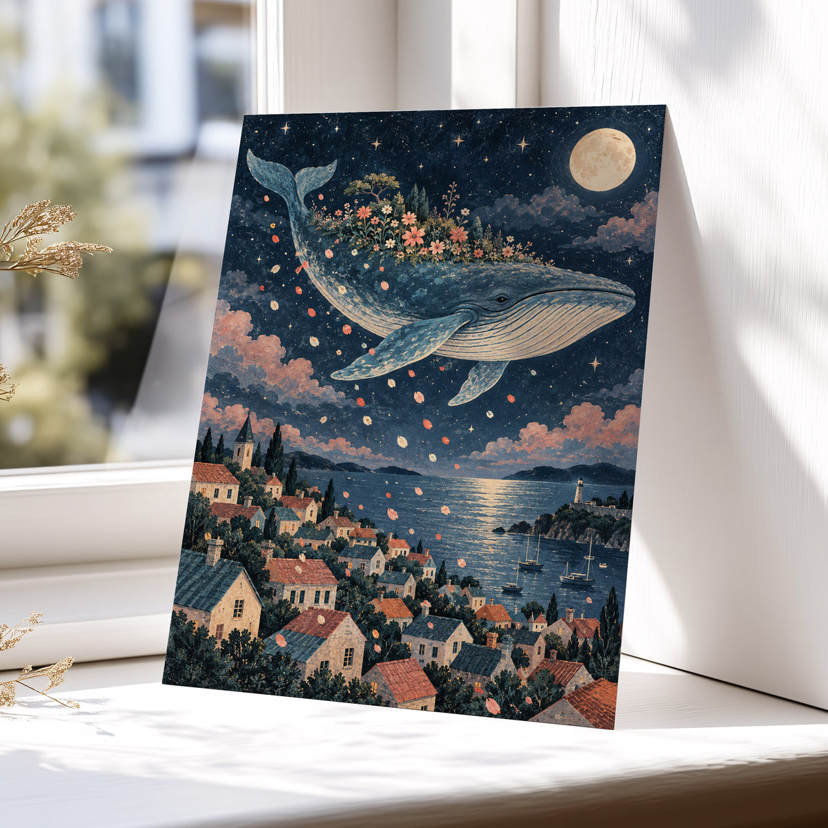 Moonlit Whale Garden, blue, beige, pink nature wall art displayed in a styled interior, gallery view 5