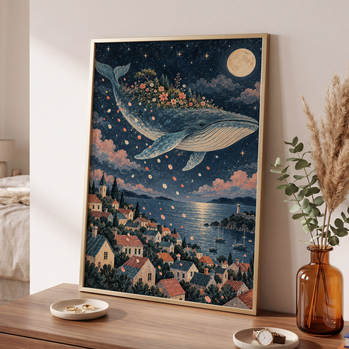 Moonlit Whale Garden, blue, beige, pink nature wall art displayed in a styled interior, gallery view 6