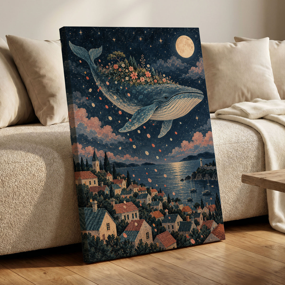 Moonlit Whale Garden, blue, beige, pink nature wall art displayed in a styled interior, gallery view 7