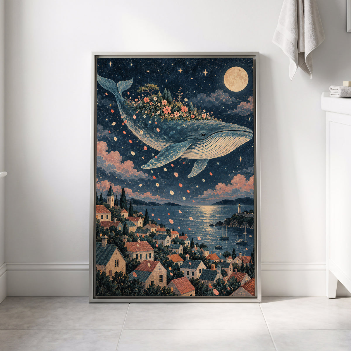 Moonlit Whale Garden, blue, beige, pink nature wall art displayed in a styled interior, gallery view 8