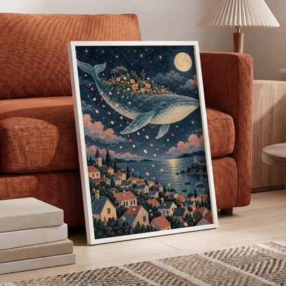 Moonlit Whale Garden, blue, beige, pink nature wall art displayed in a styled interior, gallery view 9