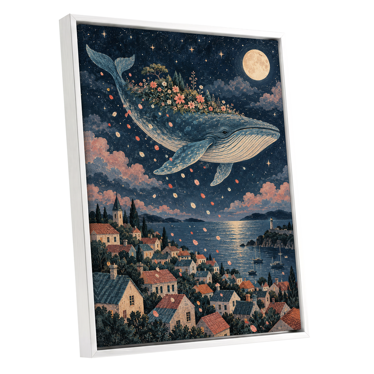Moonlit Whale Garden, blue, beige, pink nature wall art shown as a white framed canvas wall art