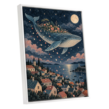 Moonlit Whale Garden, blue, beige, pink nature wall art shown as a white framed canvas wall art