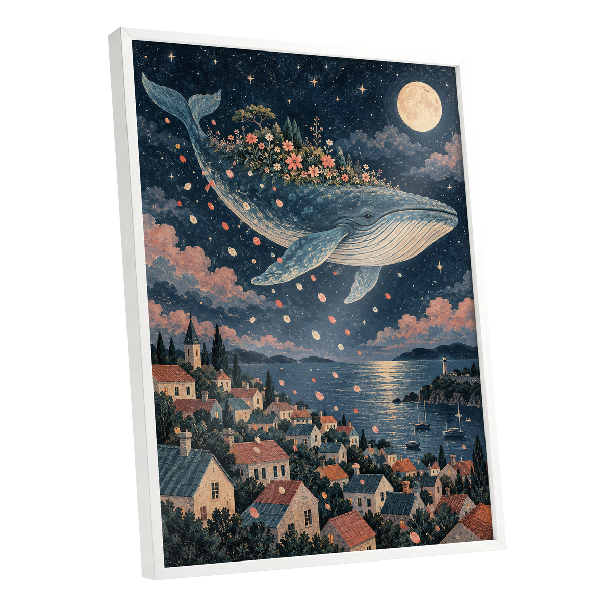 Moonlit Whale Garden, blue, beige, pink nature wall art shown as a white framed poster wall art print