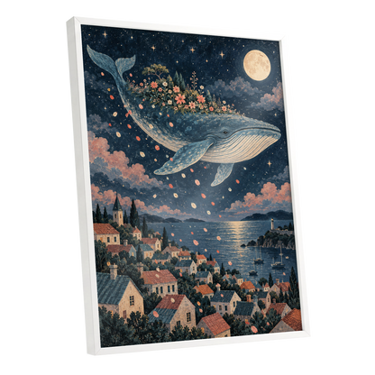 Moonlit Whale Garden, blue, beige, pink nature wall art shown as a white framed poster wall art print