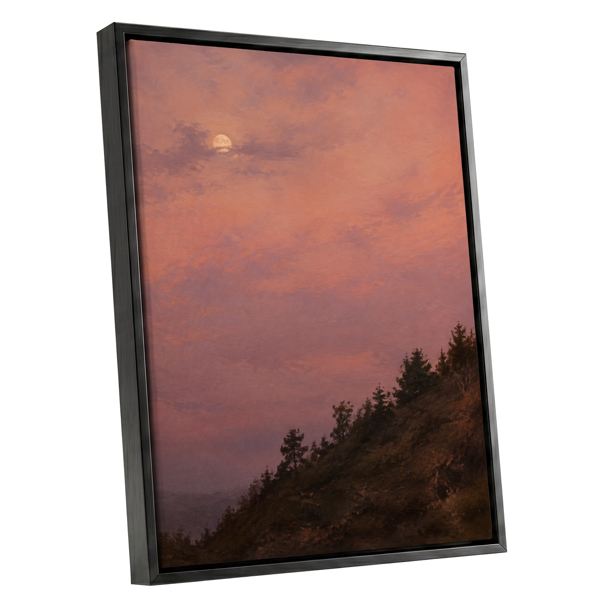 Moonrise in Rose, pink, purple, orange nature wall art shown as a black framed canvas wall art