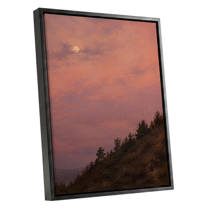 Moonrise in Rose, pink, purple, orange nature wall art shown as a black framed canvas wall art