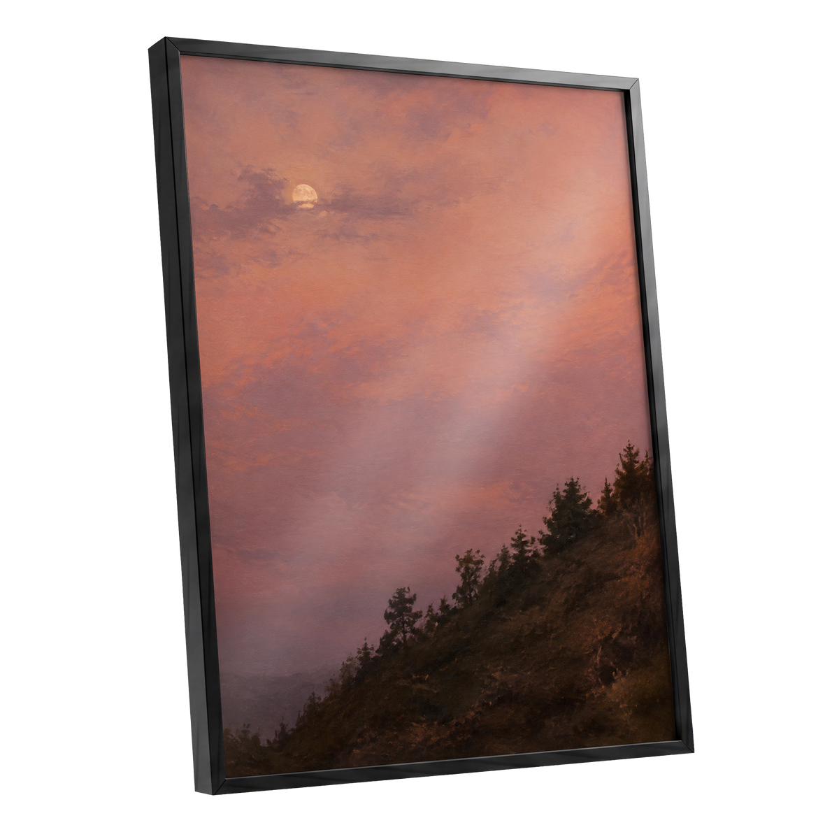 Moonrise in Rose, pink, purple, orange nature wall art shown as a black framed poster wall art print