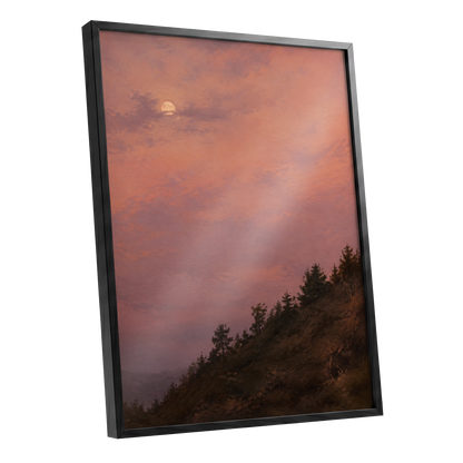 Moonrise in Rose, pink, purple, orange nature wall art shown as a black framed poster wall art print