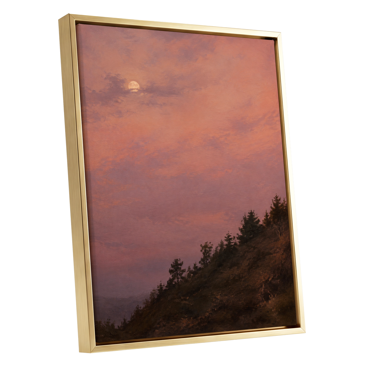 Moonrise in Rose, pink, purple, orange nature wall art shown as a gold framed canvas wall art
