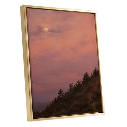 Moonrise in Rose, pink, purple, orange nature wall art shown as a gold framed canvas wall art