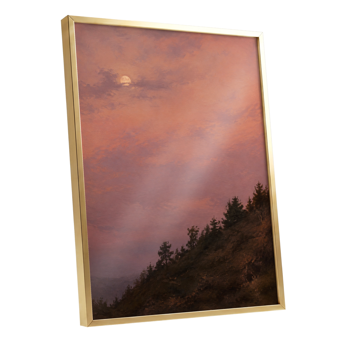 Moonrise in Rose, pink, purple, orange nature wall art shown as a gold framed poster wall art print