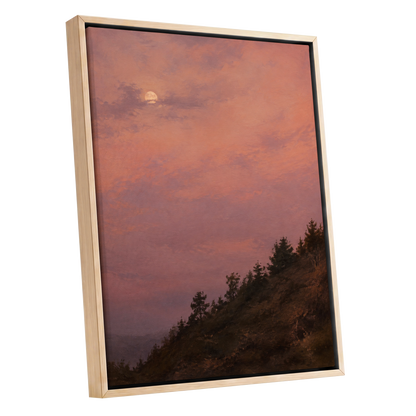 Moonrise in Rose, pink, purple, orange nature wall art shown as a oak framed canvas wall art