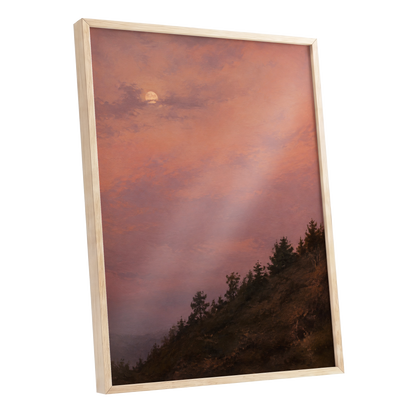 Moonrise in Rose, pink, purple, orange nature wall art shown as a oak framed poster wall art print
