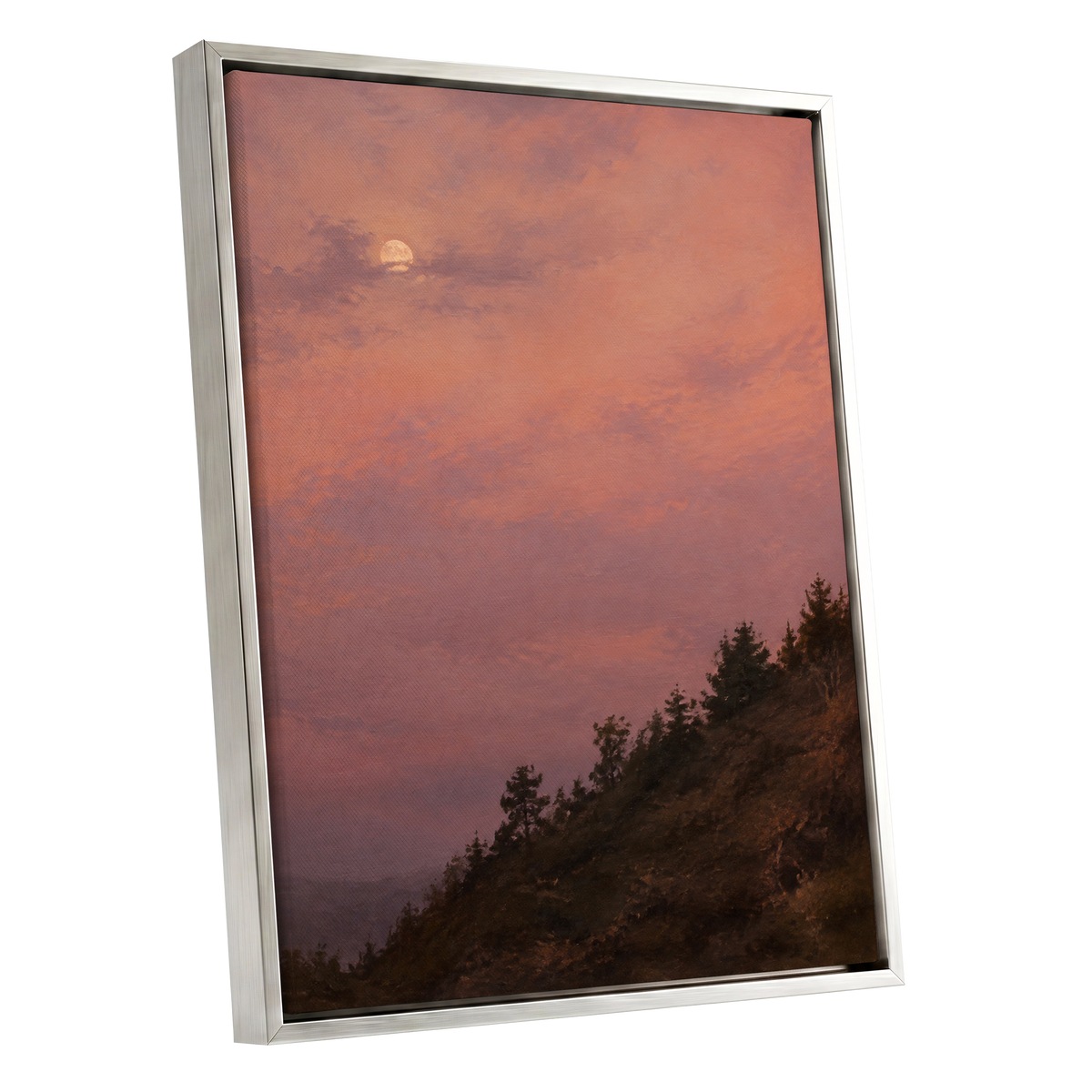 Moonrise in Rose, pink, purple, orange nature wall art shown as a silver framed canvas wall art