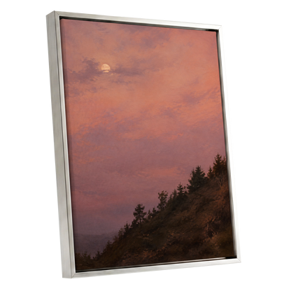 Moonrise in Rose, pink, purple, orange nature wall art shown as a silver framed canvas wall art