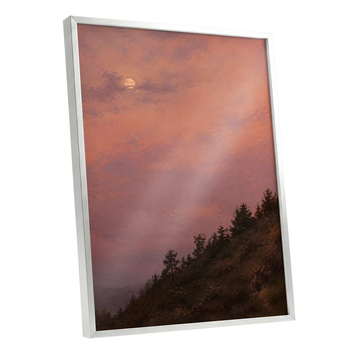 Moonrise in Rose, pink, purple, orange nature wall art shown as a silver framed poster wall art print