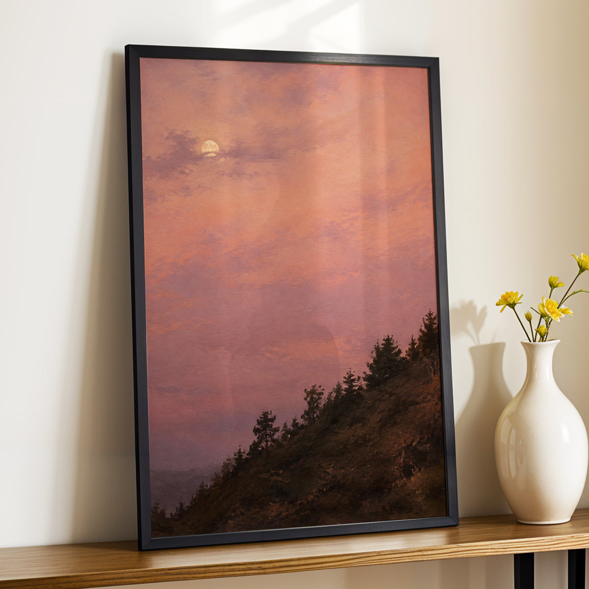 Moonrise in Rose, pink, purple, orange nature wall art displayed in a styled interior, gallery view 2